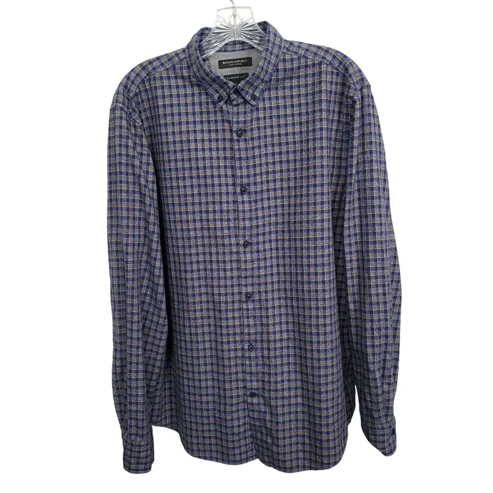 Banana Republic Mens L Shirt Luxe Flannel Camden Fit Plaid Button-Up Long Sleeve